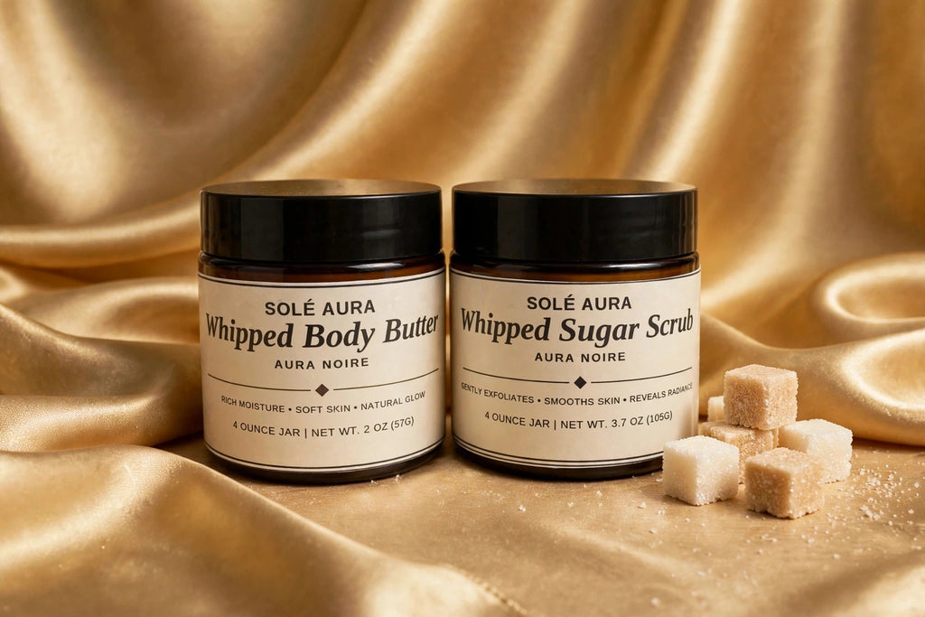 The Luminous Duo — both Solé Aura jars together, gold silk background with sugar cubes