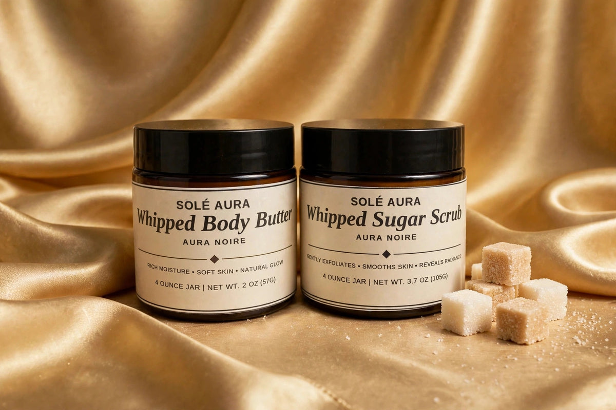 The Luminous Duo — both Solé Aura jars together, gold silk background with sugar cubes
